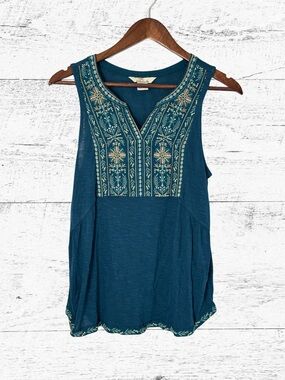 Bob Timberlake Embroidered Teal V-Neck Sleeveless Camisole
